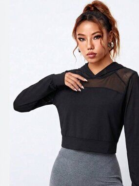 Forever 21 Black Mesh Detail Cropped Hoodie Athleisure Top Size Large